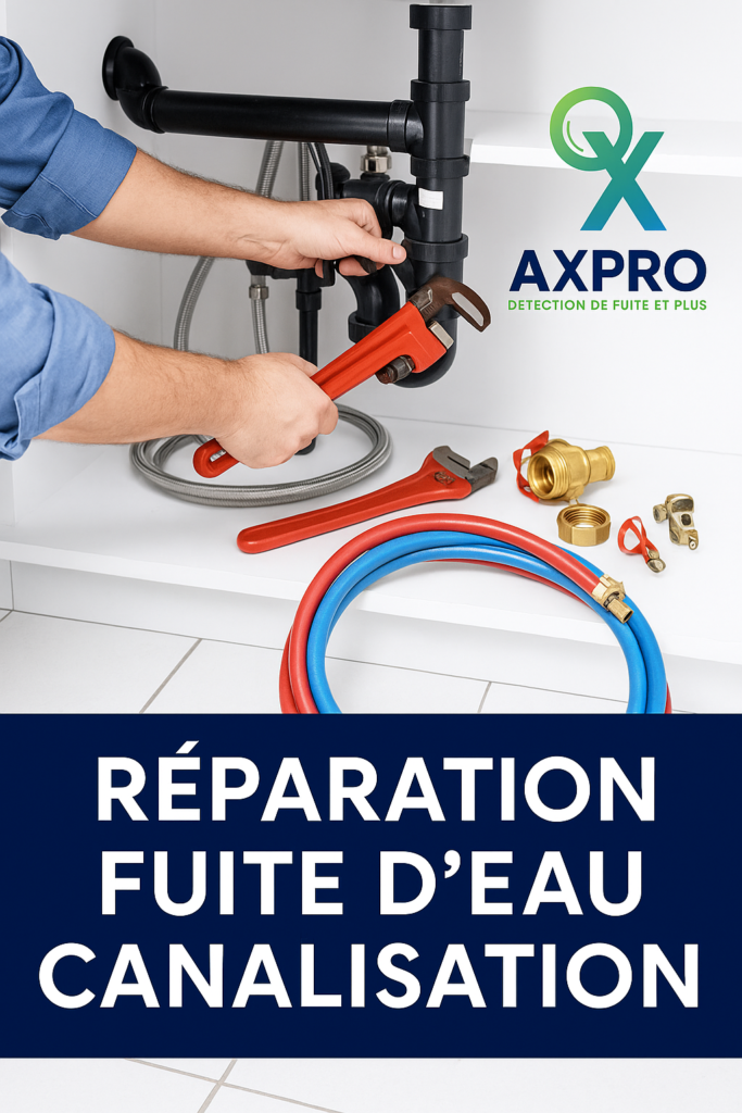 Technicien AXPRO réalisant une réparation fuite d’eau canalisation avec outils de plomberie 