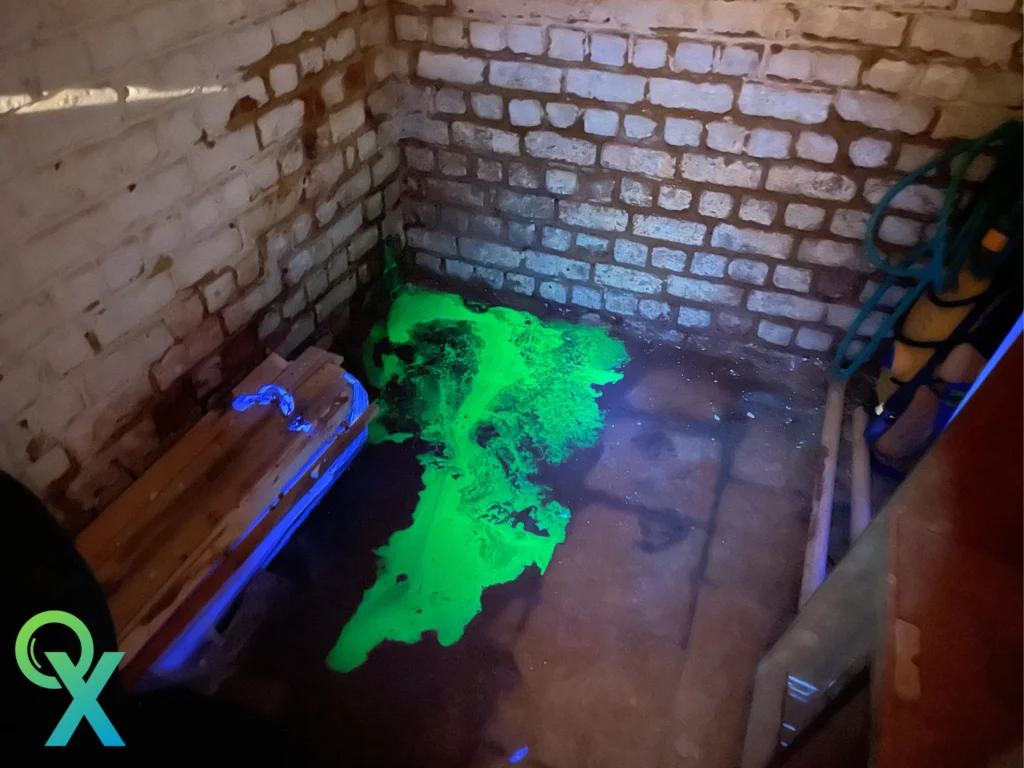 Détection de fuite avec colorant fluorescéine sous lumière UV dans une cave.
